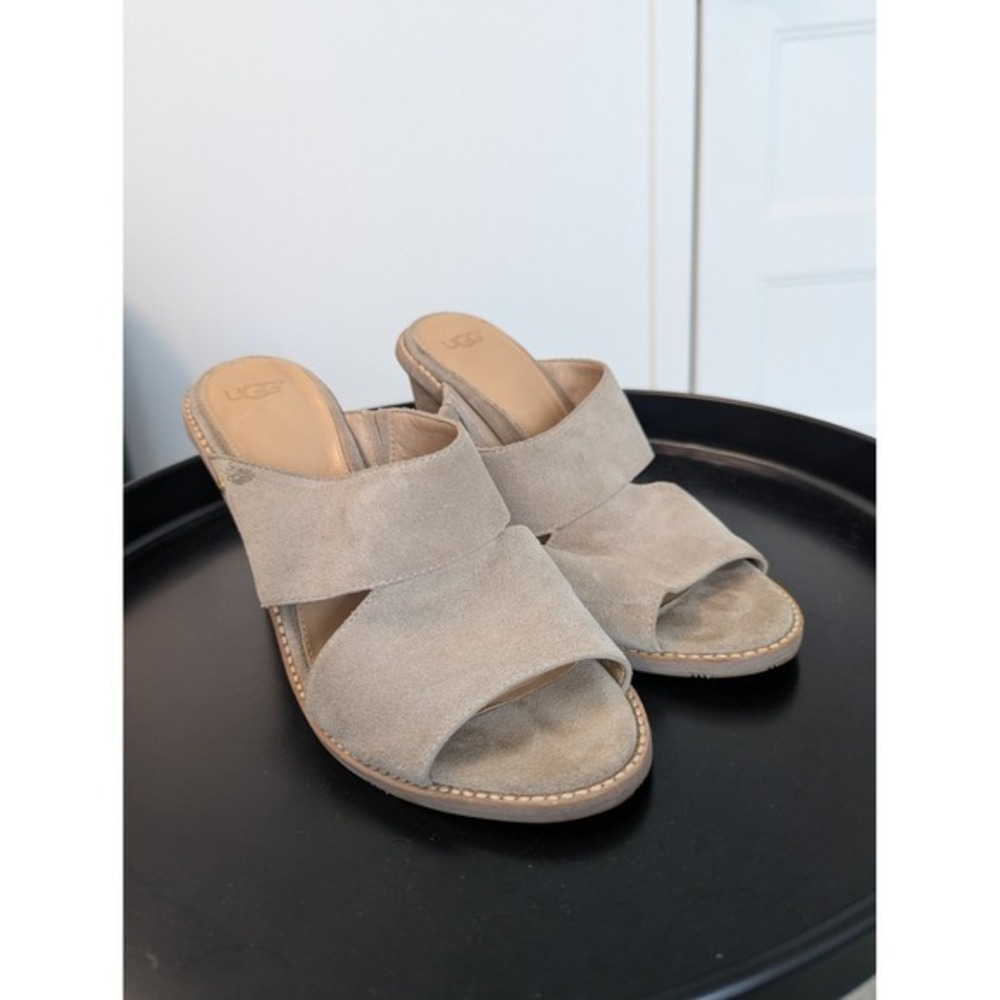 Ugg Celia Suede Block Heel Slide Sandals Tan Taupe Mules Size 7